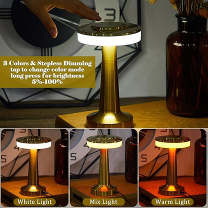 Riakrum Set of 2 LED Portable Cordless Table Lamp with Touch Sensor 3 Color Stepless Dimming Rechargeable Battery up to 15 Hours Cordless Table Light Wireless Lamp for Nursery(Gold,4 Pcs)