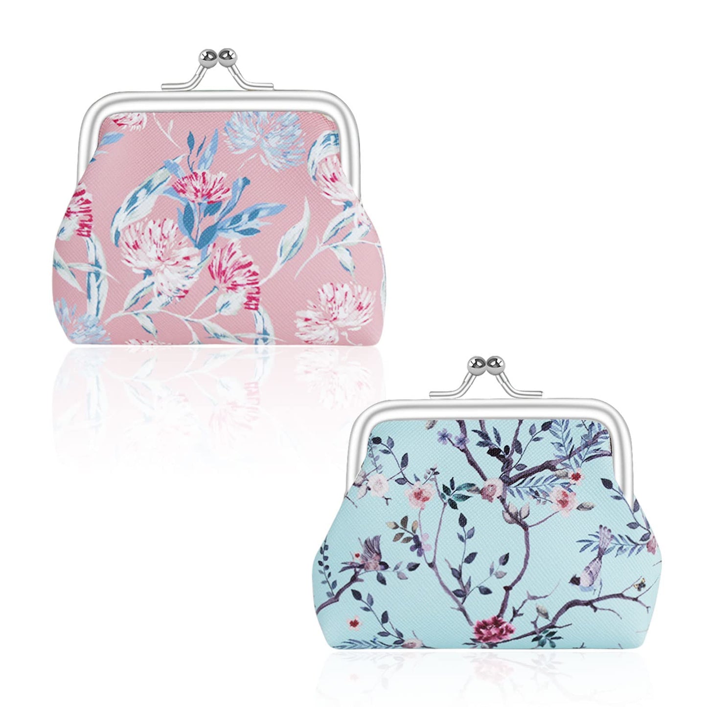 FuninCrea 2 Pcs Faux Leather Coin Purse for Women with Kiss Lock, Floral Pattern Change and Coin Wallet Double Clasp Closure Mini Wallet for Cash Key (Blue+Dark Pink)