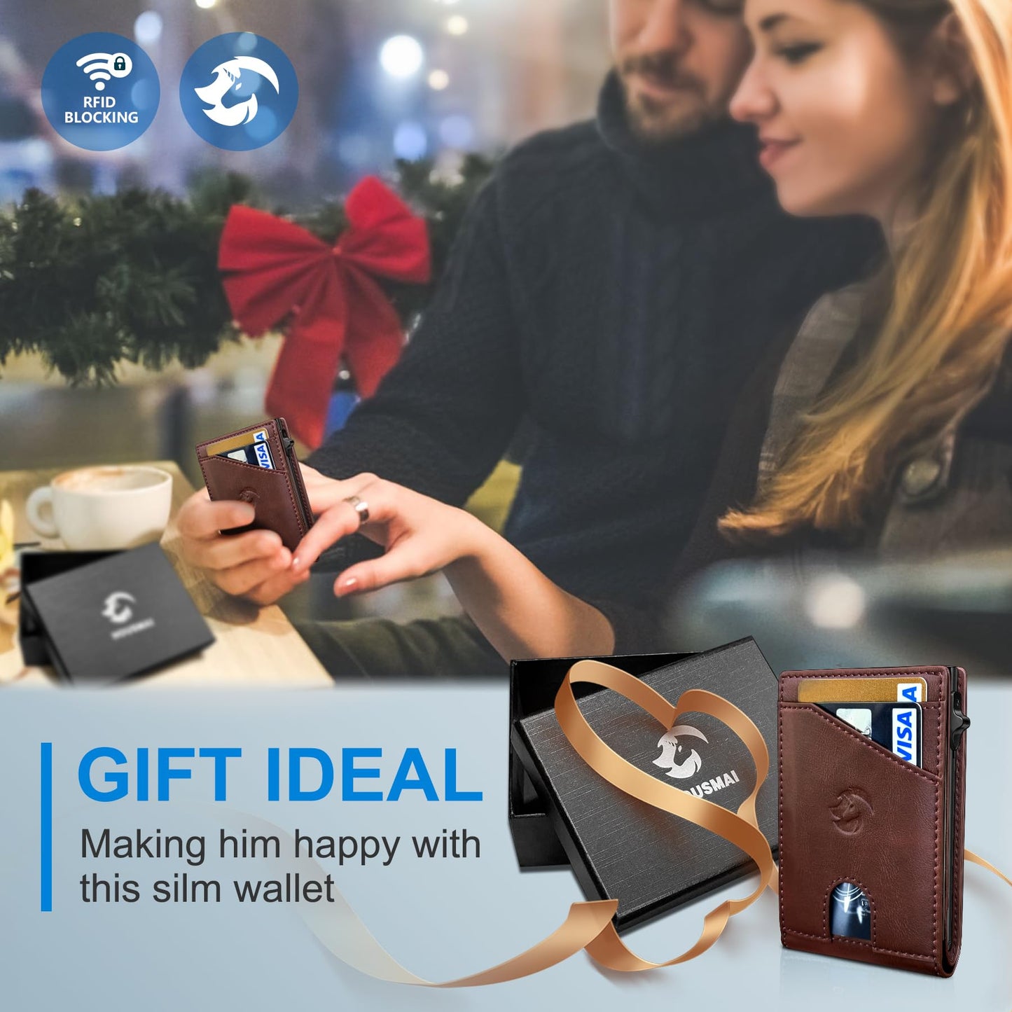 Housmai Wallet for Men, Slim Pop Up Card Holder with RFID Blocking, Minimalist Bifold Wallet with 9 Card Slots, ID Window and Cash Pocket, Metal Flip Case with Magnetic Closure, Gift Box
