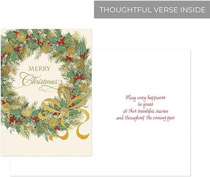 Masterpiece Traditional Wreath Christmas Cards / 15 Festive Holiday Cards Set With White Envelopes / 5 5/8" x 7 7/8" Winter Greeting Cards With Inside Verse