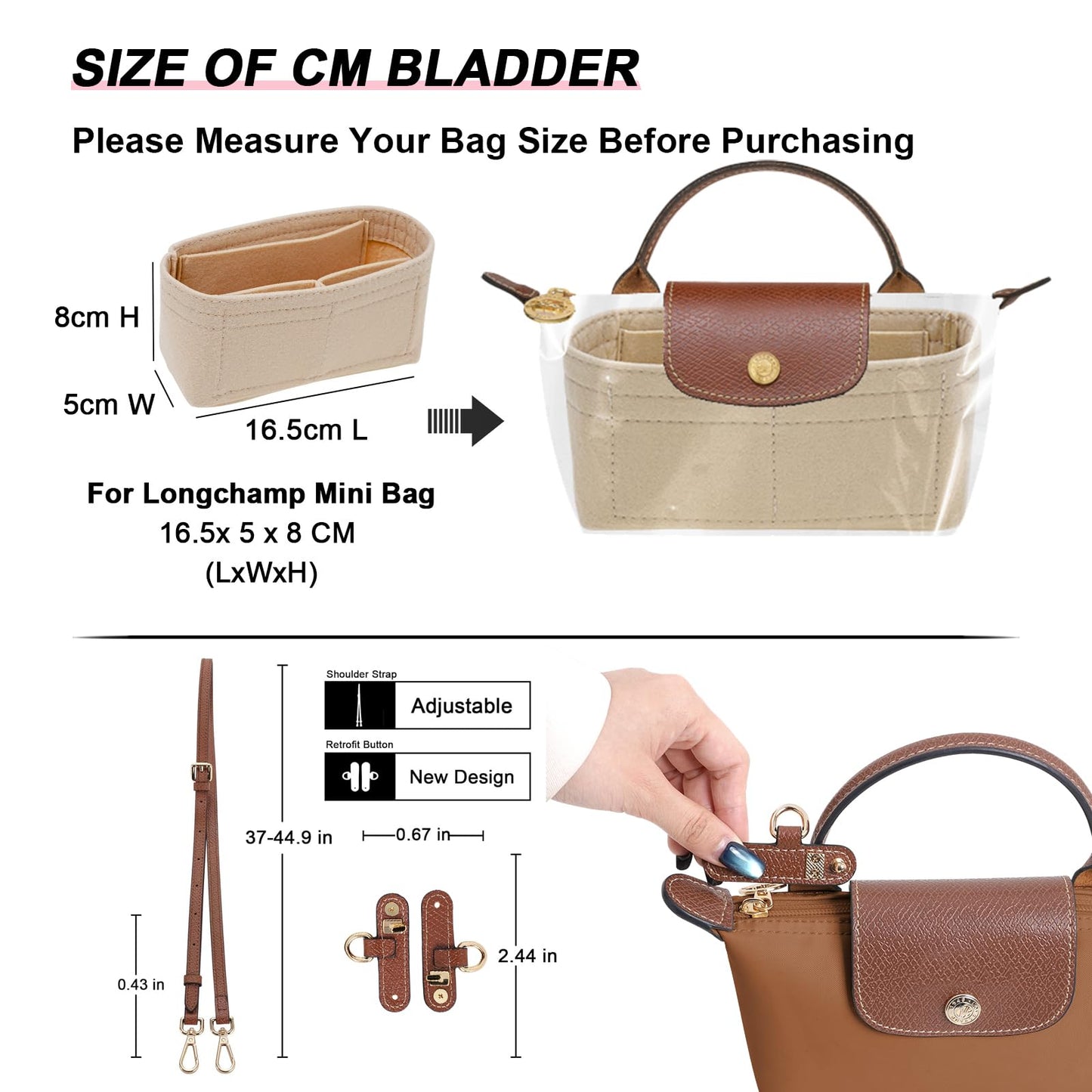 LOUKAYCCI 2 Kit Mini Bag Leather Shoulder Strap and Felt Purse Organizer Insert for Longchamp mini XS Bag Punch-Free Adjustable Buckle Design（Beige & Strap）
