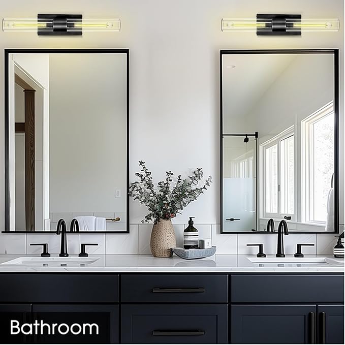 Bronze Vanity Light Sconce, 2-Light Bathroom Wall Sconce Over Mirror, Black Vanity Lights for Bathroom, Dimmable Wall Sconces with Glass Tube, Indoor Linear Wall Sconce for vertical and horizontal