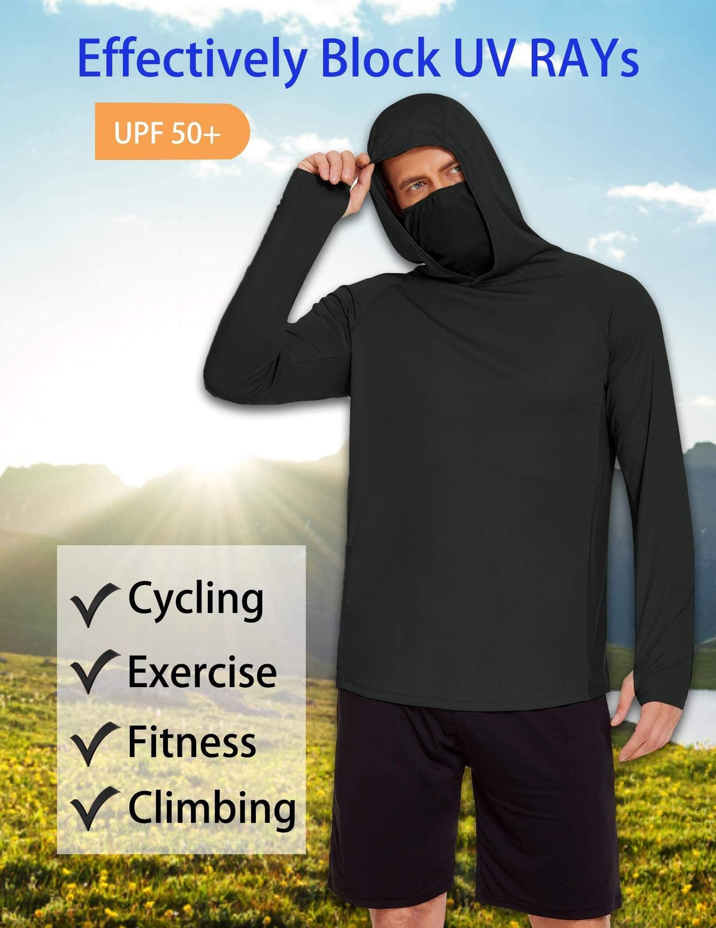 COOrun Men's Hooded Sun Shirts with Mask Fishing Shirts for Men Long Sleeve UPF 50 Rash Guards Cooling Hoodies Hiking Shirts Solid Black