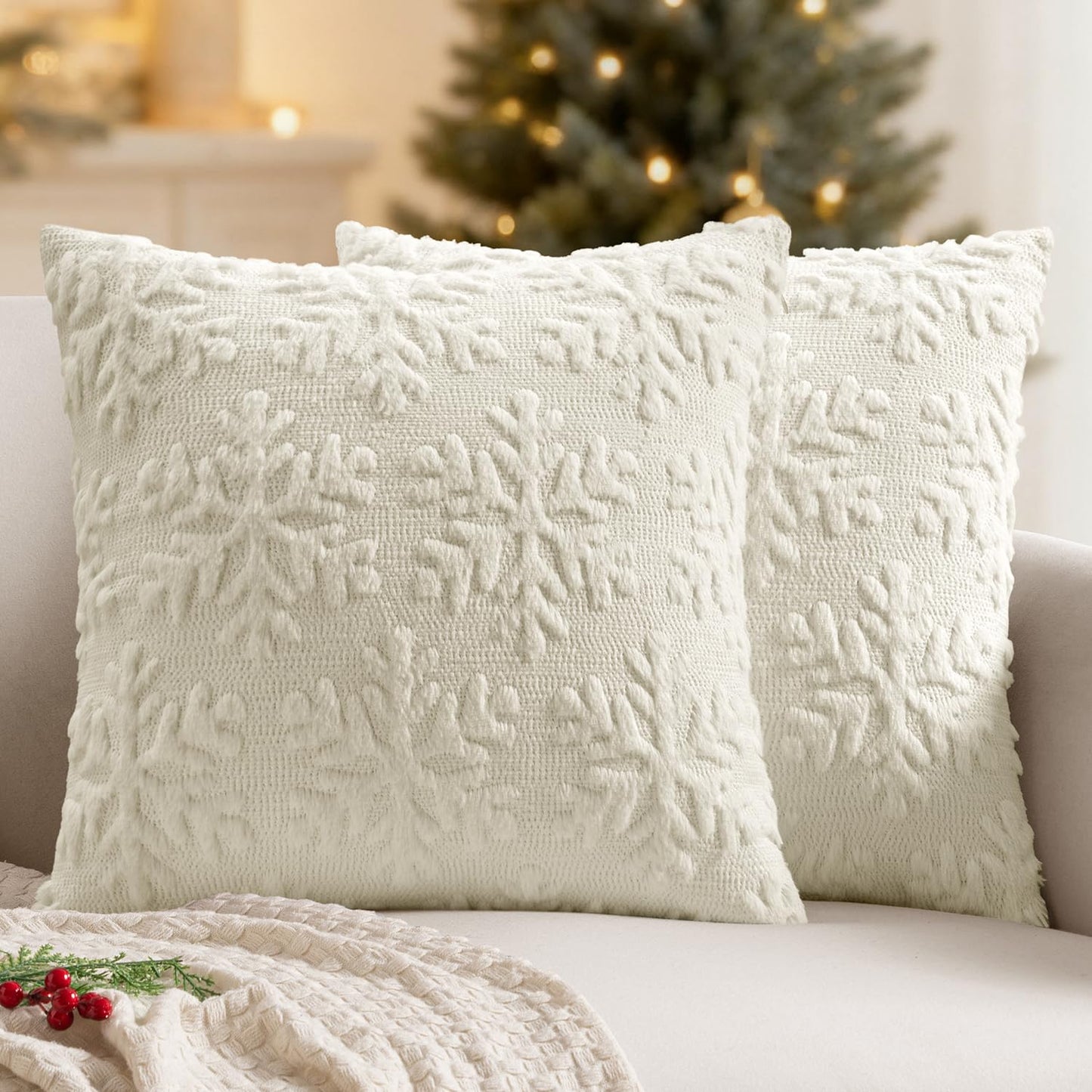 MIULEE Christmas Cream White Throw Pillow Covers Snowflakes Decorative 16×16 Inch Faux Wool Winter Festival Couch Pillow Covers Set of 2 Farmhouse Holiday Home Decors for Sofa Livingroom Bed