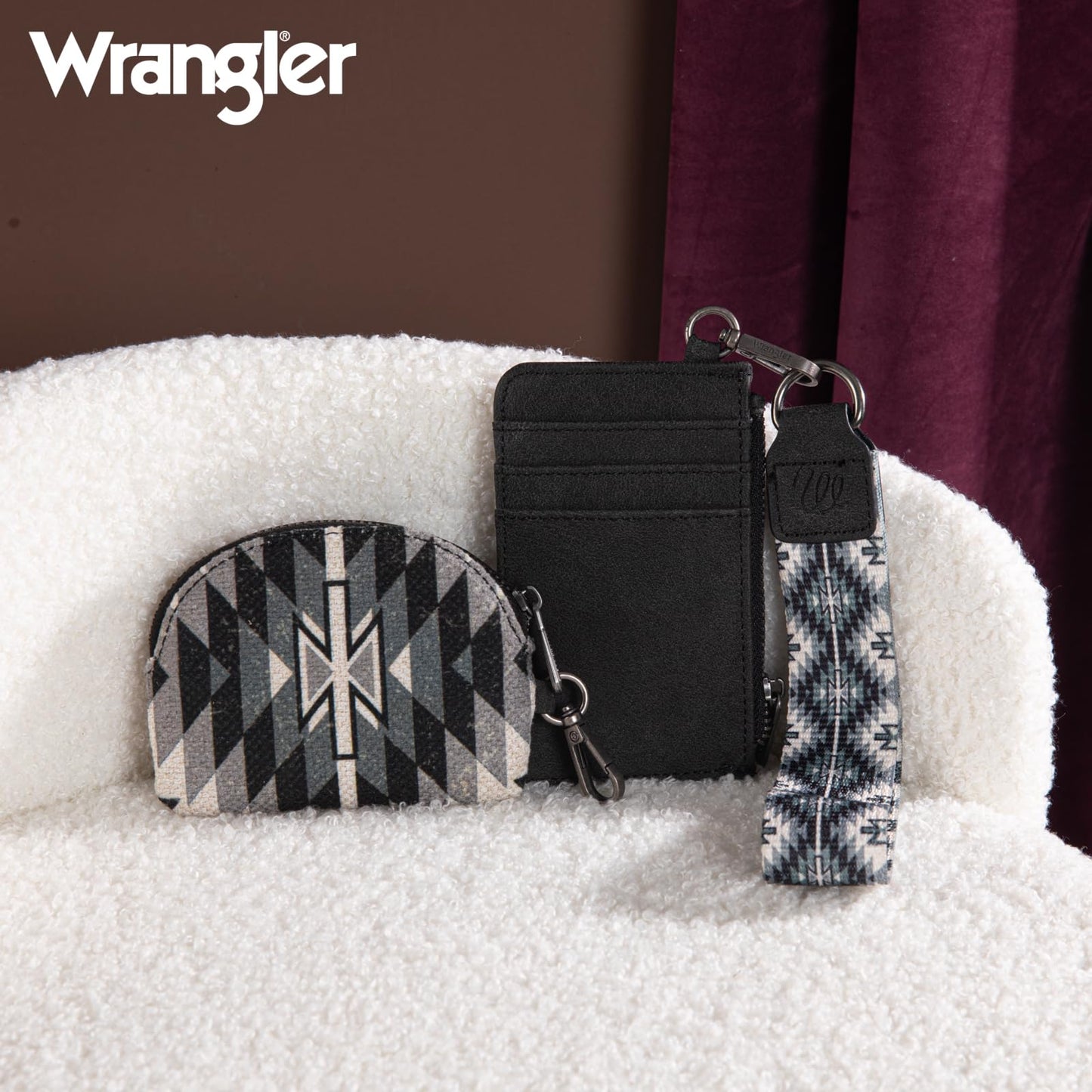 Wrangler Western Aztec Keychain Wristlet Wallets for Women Dual Pouch Wristlet Portable Credit Card Holder Wallet with Zipper Pocket WG2213-W0051BK