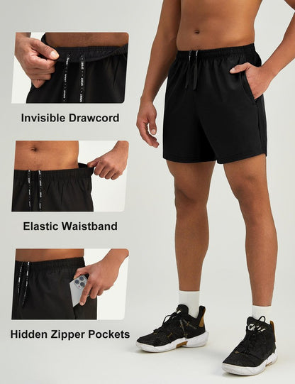 Pesfix Mens 5'' Lightweight Athletic Shorts Quick Dry Gym Workout Running Shorts with Zipper Pockets Black,Large