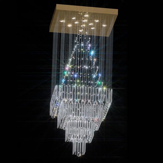 Flashing God D32''X H100'' Extra Large Chandeliers for High Ceilings Square Crystal Raindrop Gold Chandeliers Large Villa Chandelier Entrance Foyer Ceiling Light LED Dimmable 2700K-6000K