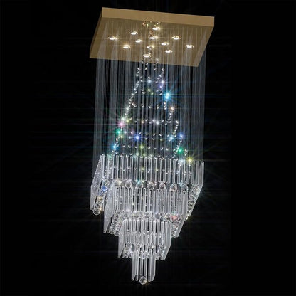 Flashing God D32''X H79'' Extra Large Chandeliers for High Ceilings Square Crystal Raindrop Gold Chandeliers Large Villa Chandelier Entrance Foyer Ceiling Light LED Dimmable 2700K-6000K