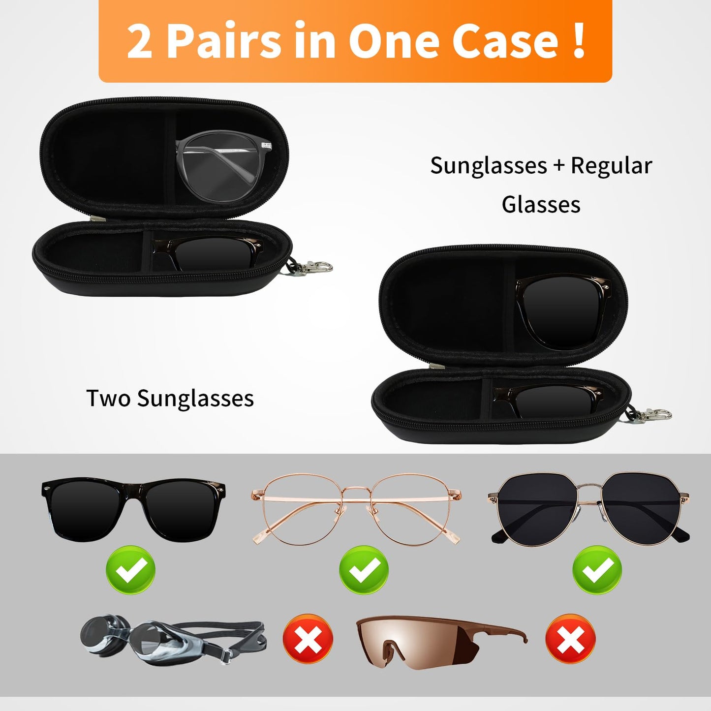 FlyingMage Double Eyeglasses Case, Hard Shell Dual Glasses Sunglasses Organizer with Zipper Clip Travel Eyewear Storage for Women Men (Black)