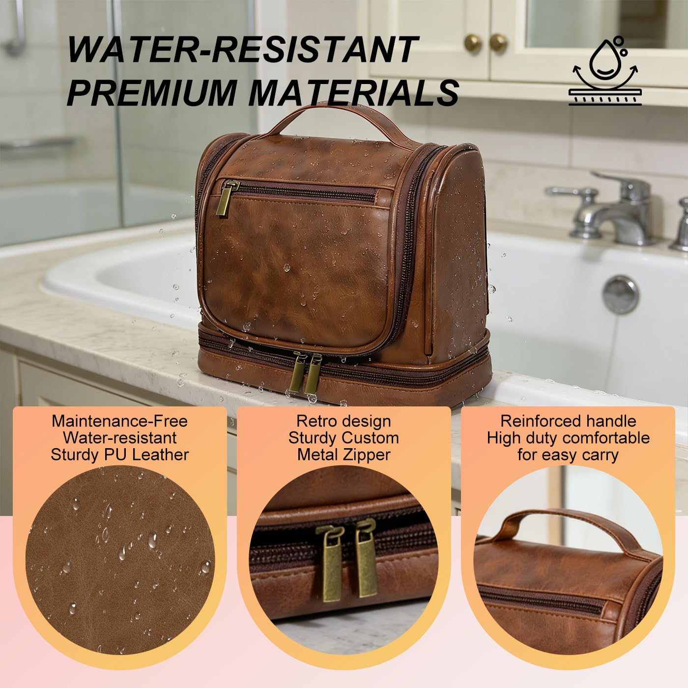 hanvate Travel Toiletry Bag For Men and Women, Leather Hanging Toiletry Organizer, Waterproof with Separate Compartments, Travel Kit for Gym Camping and Mens Gift (Dark Brown)
