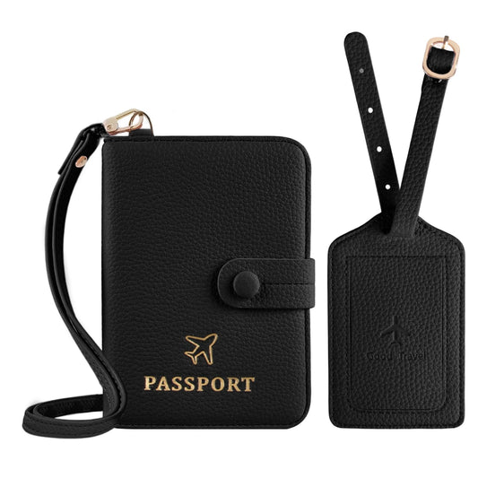 Passport Holder RFID Protected Wallet and Luggage Tag with Protection Cover Travel Accessories Leather Card Case Organizer for Women Men (Black)