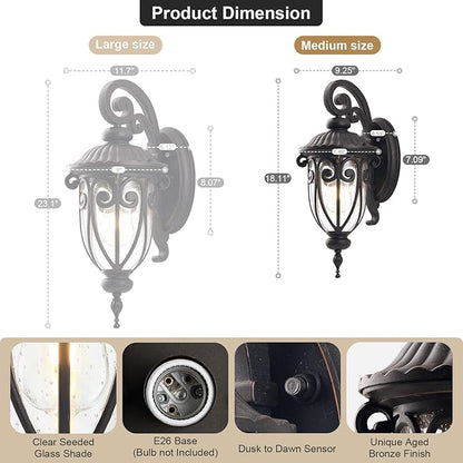 Outdoor Wall Light with Dusk to Dawn Sensor, 18 Inch Exterior Wall Lantern Fixture for House, Bronze Outside Porch Lighting with Clear Seeded Glass for Garage Front Door, Aluminium