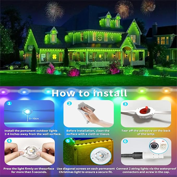 100FT Permanent Outdoor RGB Lights,IP67 Waterproof Smart LED Eaves Lights with App/Remote Control,for Christmas and All Holiday Decor,Daily and Accent Lighting,House Roof and Garden Lighting