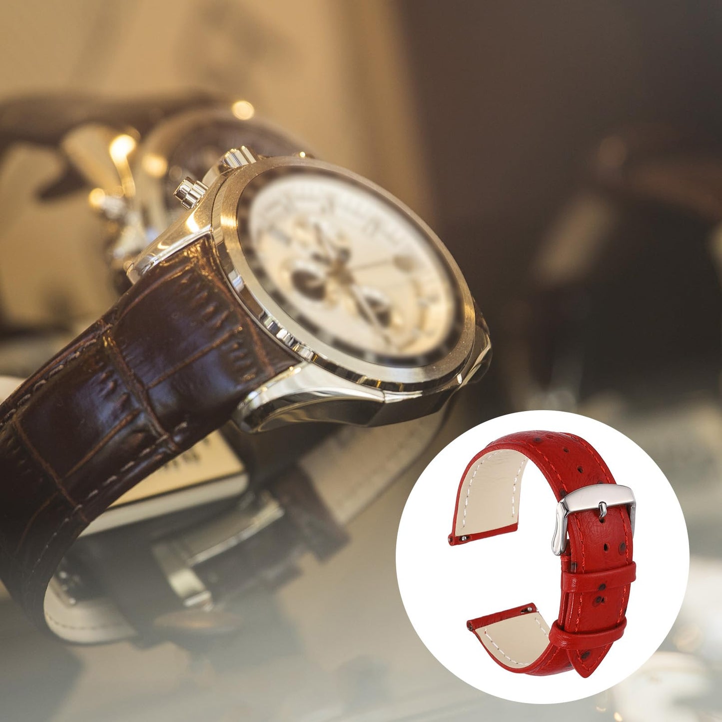 HARFINGTON Watch Band 22mm Width Vintage Top Grain Leather Quick Release Watch Strap Wristband Replacement Bands with Buckle Pin for Men Women Gifts, Silver-Red