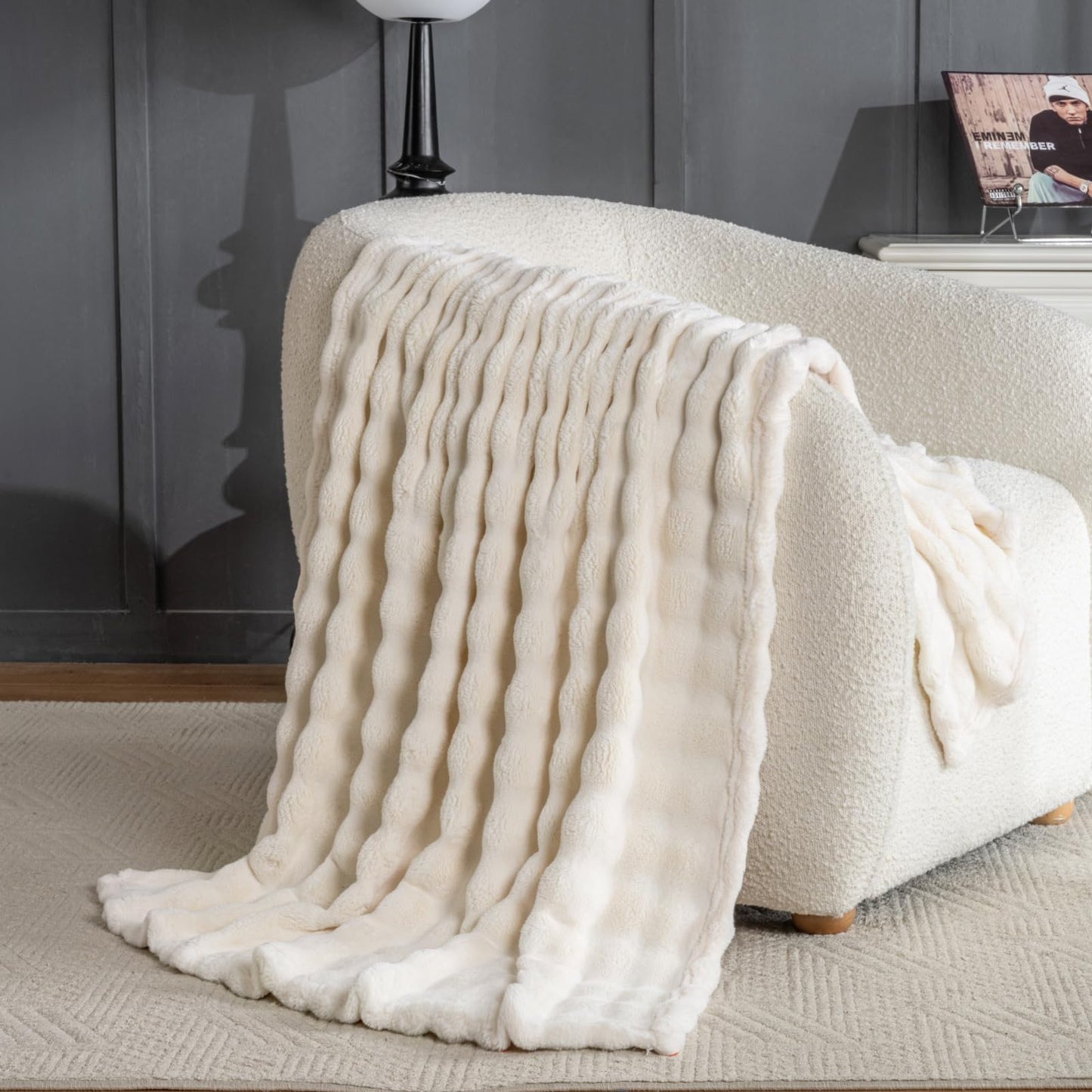 Off White Faux Fur Throw Blanket for Couch, Soft Fluffy Bubble Blanket for Bed Sofa, Thick Warm Plush Fuzzy Rabbit Fur Blanket for Fall and Winter, 50"X 60"