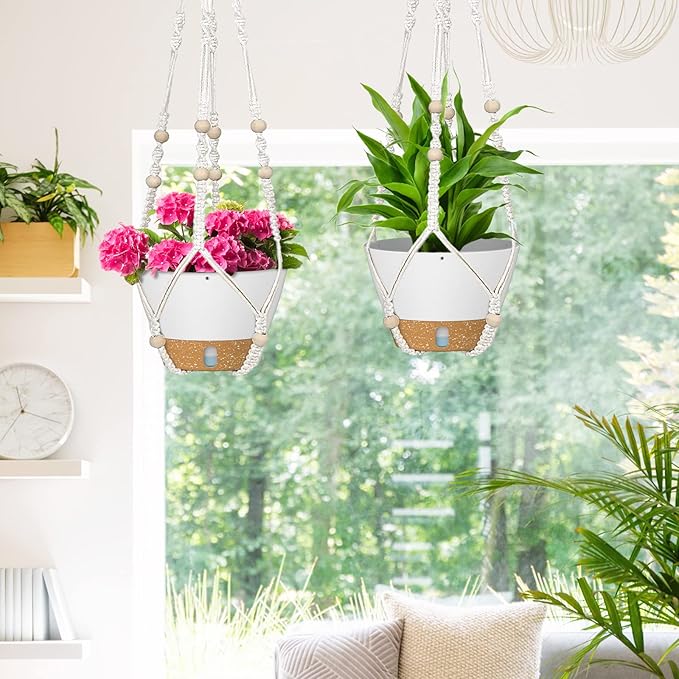 ZMTECH 2 Pack 10 Inch White Hanging Planters with Macrame Plant Hanger for Indoor and Outdoor Plants, Self Watering, Drainage Hole, Visible Level Tray