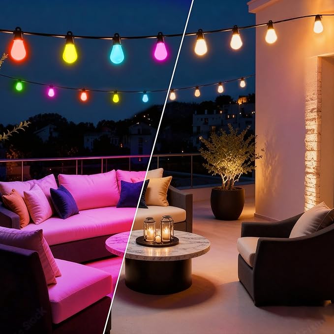 Outdoor String Lights 59FT Smart Patio Lights with APP Control, 18 LED Bulbs RGB IC Warm White, IP65 Waterproof Color Changing for Christmas, Patio, Backyard, Garden, Party, Holiday Decor