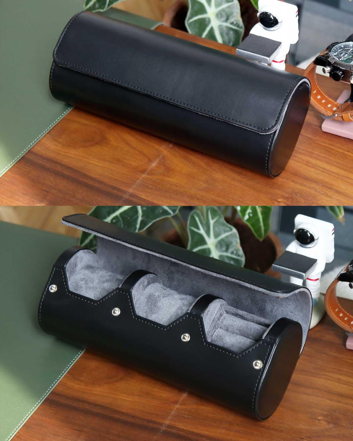 Bonaking Travel Case for Watch and Cufflinks - PU Leather Organizer, Men's Storage Box, Portable Roll Set for 2 Watches - Gift