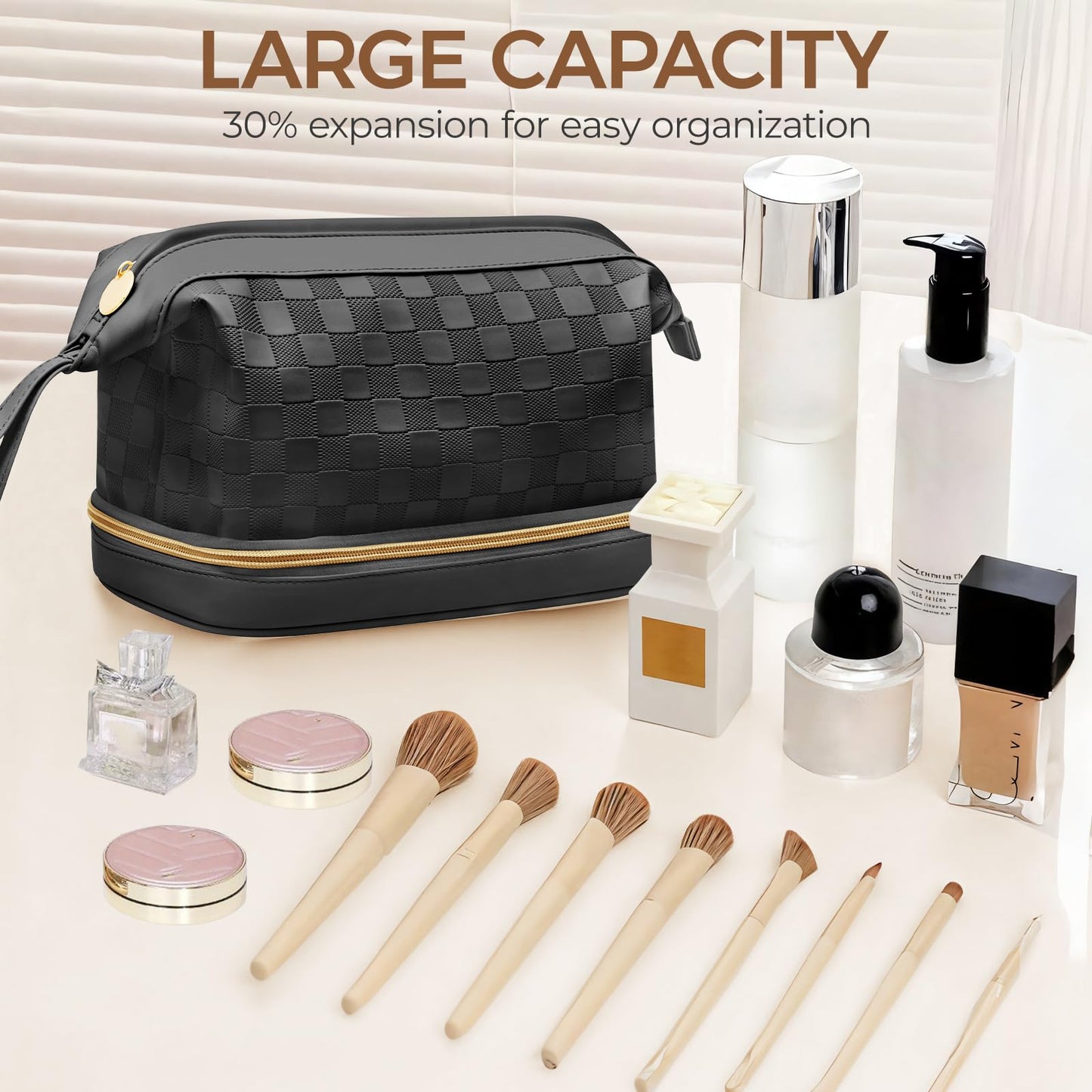 Hairao Large Makeup Bag for Women, Double Layer Travel Makeup Bag with Brush Compartment, Waterproof PU Leather Cosmetic Bag, Checkered Toiletry Bag Makeup Organizer for Skincare & Toiletries, Black