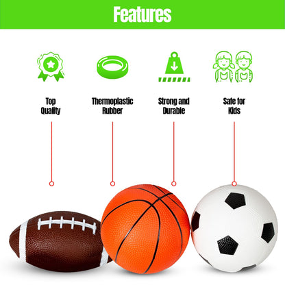 New Bounce Soft Sports Balls for Toddlers - Set of 3 5" Balls; Basketball, Football, and Soccer - Outdoor Playground Mini PVC Balls