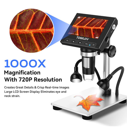 TOMLOV 1000X Coin Microscope with 4.3" Screen, Digital Microscope Magnifier with LED Lights, Metal Stand, PC View, Photo/Video, 32GB SD Card, Windows, macOS Compatible, DM4S