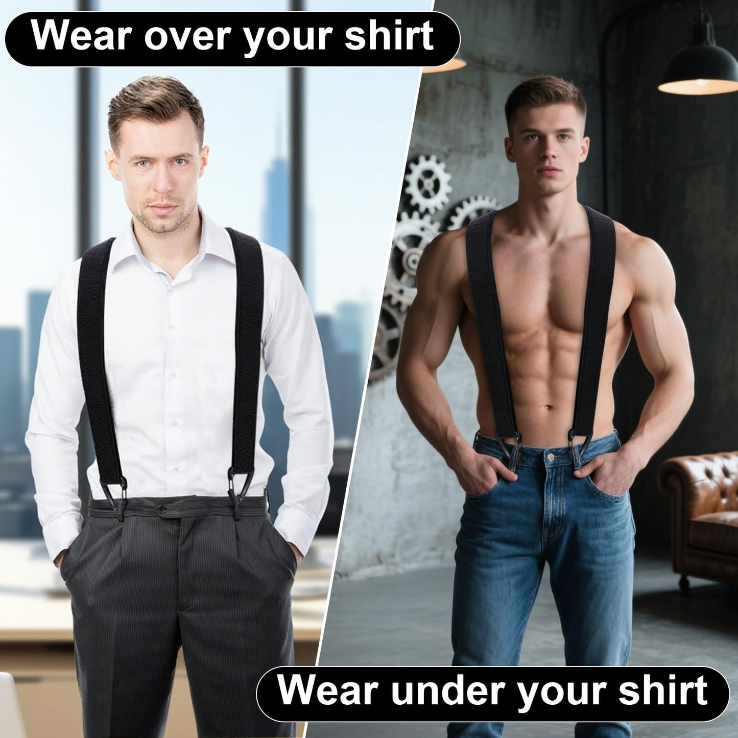 Oppeeye 2 Pcs X Back Hidden Suspenders for Men, 1.5 Inch Heavy Duty Under Clothing Suspenders with Adjustable Clips