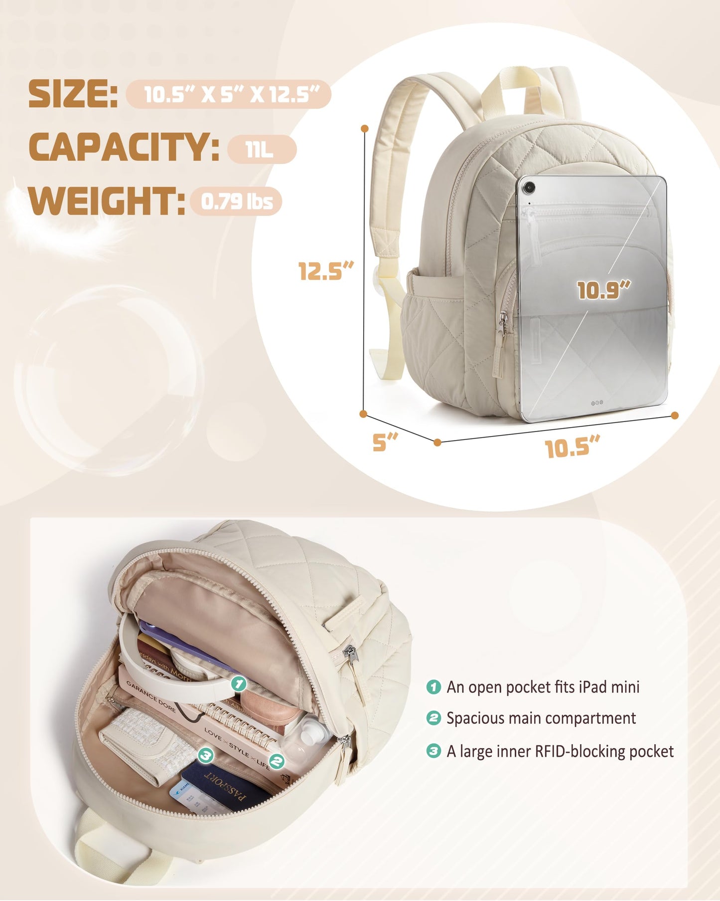 Smasrob Women Mini Backpack with RFID Blocking Pocket, Small Puffer Backpack Purse, Lightweight Quilted Backpack for Work, College or Travel, Beige