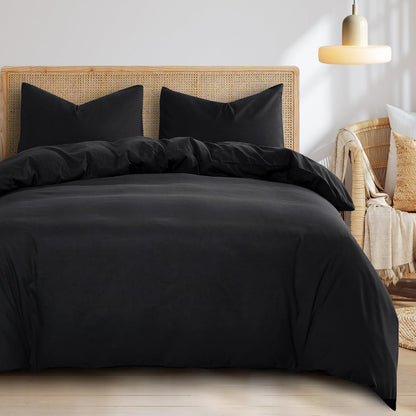 Wake In Cloud - Black Quilt Cover Set, 1000TC Ultra Soft Microfiber Doona Cover Bedding Set in Solid Plain Color (3pcs, Queen Size)