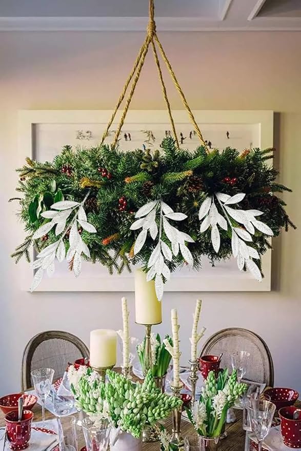 DILATATA 6Pcs Christmas Glitter Leaves Bay Leaves Spray 24" Artificial White Bay Leaf Picks Sprays Giltter Stems for Halloween Centerpiece Christmas Home Decor Home Decor - White
