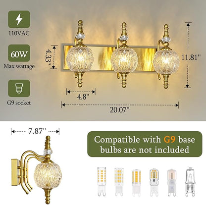 Modern Crystal Bathroom Vanity Lights Fixtures Over Mirror Gold Vintage 3-Lights 20 Inch Bathroom Light Fixtures Glass Crystal Vanity Lights