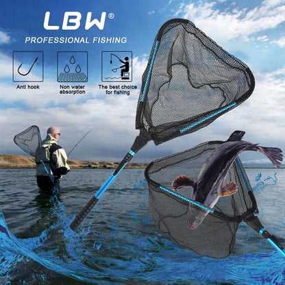 LBW Collapsible Rubber Fishing Net with Handle, Folding Kayak Net for Freshwater or Saltwater, Portable Landing Net for Trout, Catfish, Bass