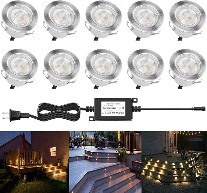 Led Deck Lights Outdoor Waterproof Low Voltage Stainless Steel 1W Outdoor Yard Garden Decoration Lamps Landscape Pathway Patio Step Stairs LED In-ground Lights Silver Border(10pcs, Warm White)
