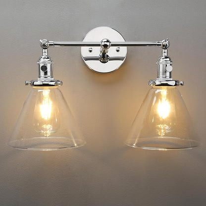 PERMO Double Sconce Chrome Industrial 2-Lights Wall Sconces with Funnel Flared Glass Clear Glass Shade Vanity Light for Bedroom (Chrome)