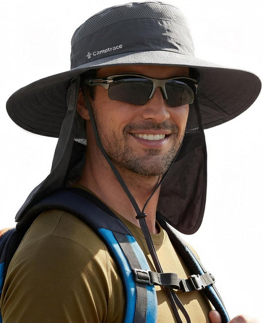 Camptrace UPF 80+ Sun Hat for Men & Women - Wide Brim Mesh Protection with Neck Flap | Ideal for Fishing, Hiking, Gardening