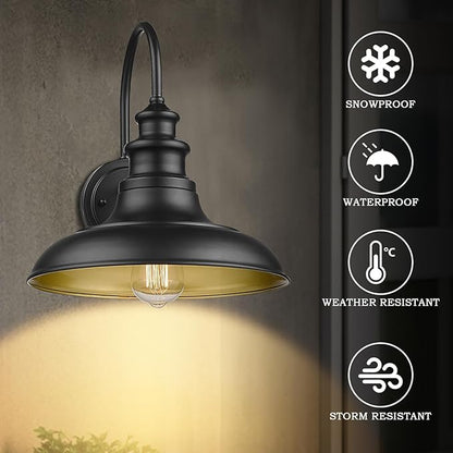 Outdoor Barn Light Fixtures, 12.3 Inch Large Dome Farmhouse Wall Mount Light Gooseneck Wall Sconce Exterior Wall Lighting Fixture Industrial Black Finish Lantern for Porch with Gold Interior, 2pack