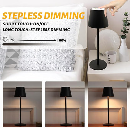 Maksone 2 Pack LED Cordless Table Lamp, 6600mWh Rechargeable Battery Desk Lamp, 3000K Stepless Dimming Night Light, IP54 Waterproof Metal Outdoor Portable Lamp for Restaurant, Patio (Black)
