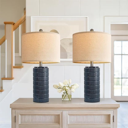 PoKat 24" Modern Ceramic Table Lamps Set of 2 for Bedroom, Blue Bedside Lamps for Night Stands, Farmhouse Desk Decor Nightstand Table Lamps for Living Room End Table Dark Blue