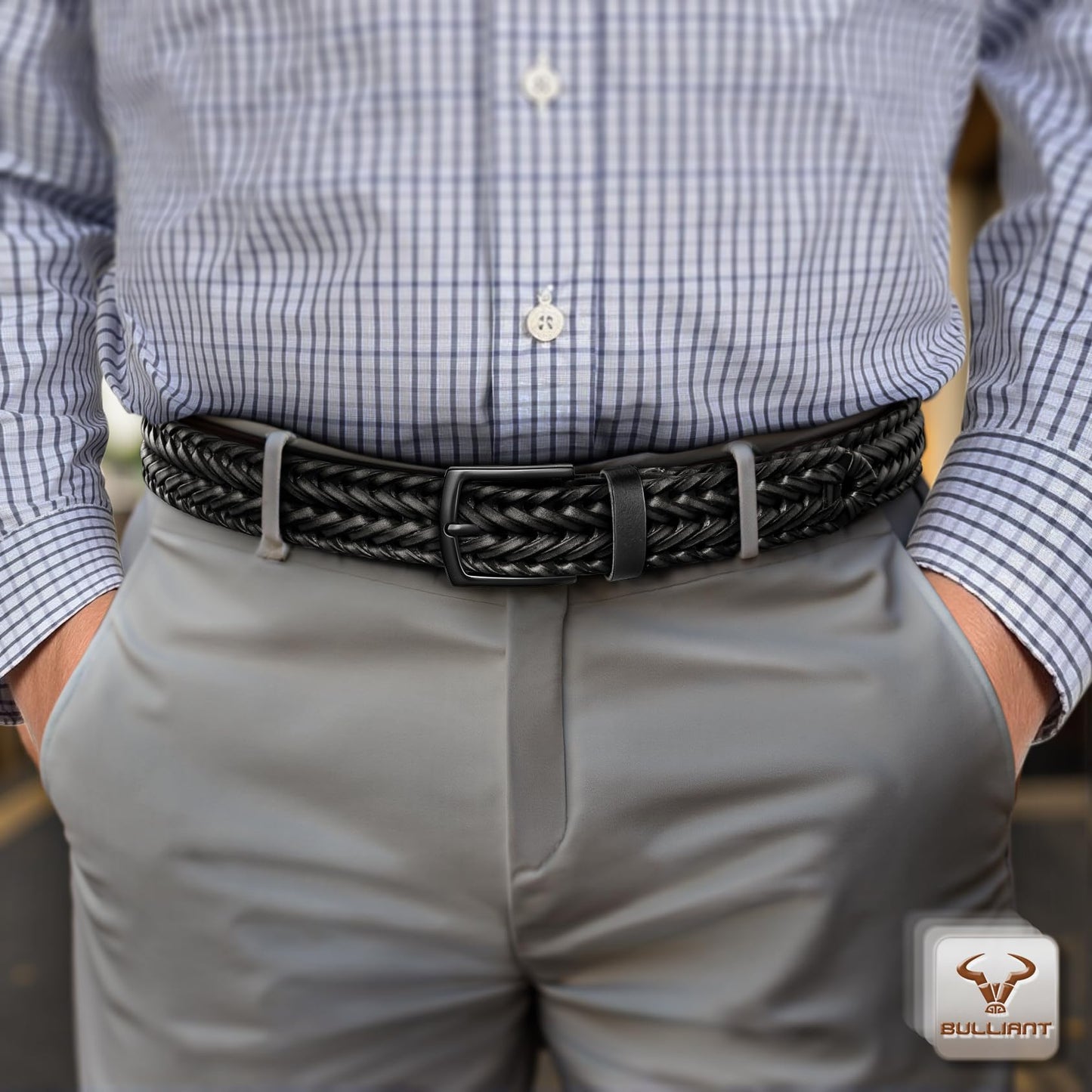 BULLIANT Men Belt 2Pack,Braided Woven Leather Belt For Men Golf Casual Jeans 1 3/8"(Black/Light Brown,28"-32" Waist Adjustable)