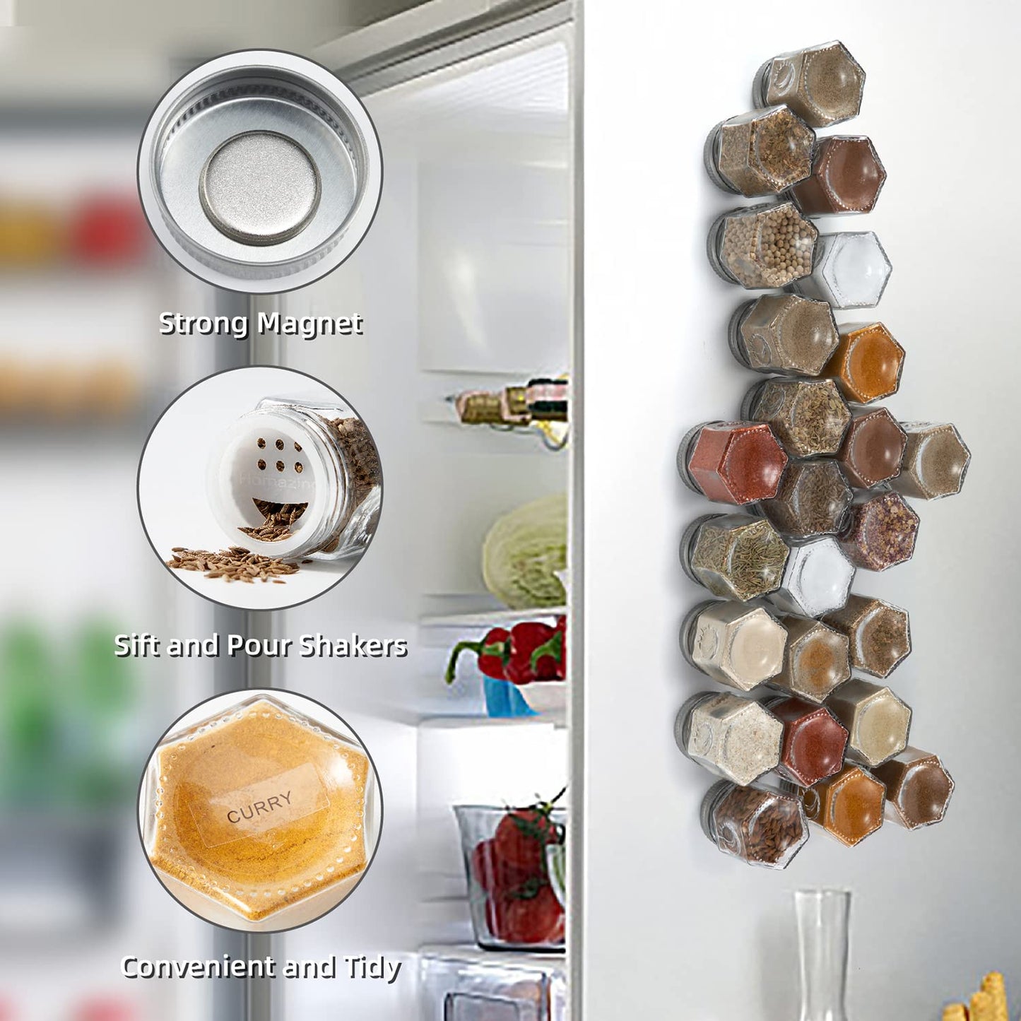 Homazing Set of 20 Large 4oz Magnetic Spice Jars for Refrigerator, Hexagon Glass Magnetic Spice Jars with Shaker Lids and Labels for Kitchen RV Travel Trailer, Magnetic Spice Containers for Fridge