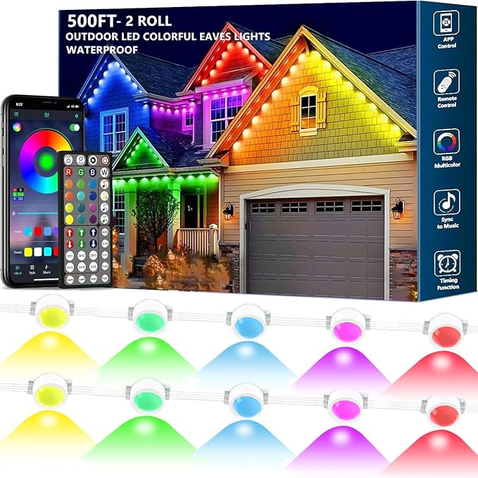 500FT Permanent Outdoor RGB Light,IP67 Waterproof Smart LED Eaves Lights with App/Remote Control,for Christmas and All Holiday Decor,Daily and Accent Lighting,House Roof and Garden Lighting