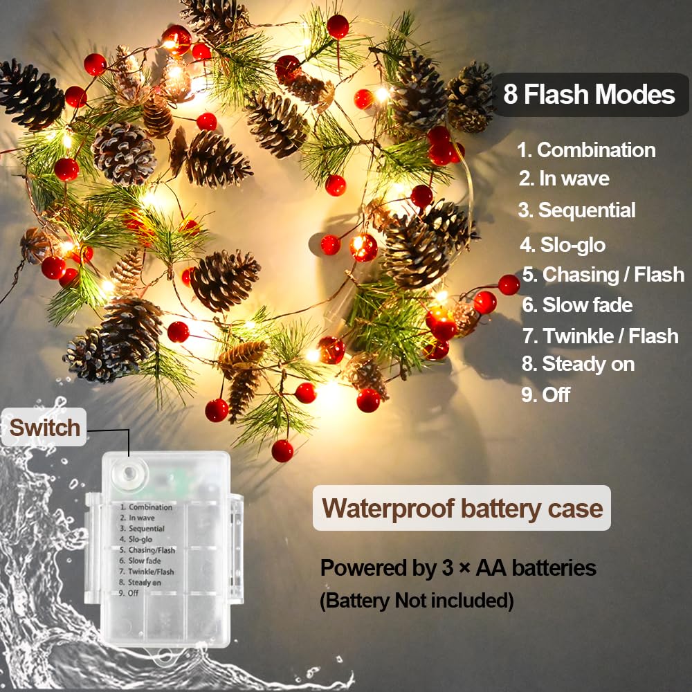 PALONMY Pine Garland with Lights Christmas Garlands 6.56FT 20LED Battery Operated Garland with Red Berry and Holiday Pinecones Prelit Lights for Home Windows Fireplace Stairs