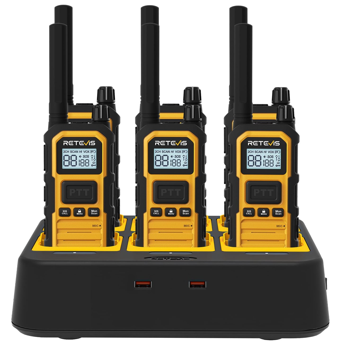 Retevis RB48 Plus Walkie Talkies Long Range, Heavy Duty Rechargeable GMRS Two Way Radios, IP67 Waterproof, Shock Resistant, NOAA, VOX,Emergency Radios(6 Pack with Gang Charger)