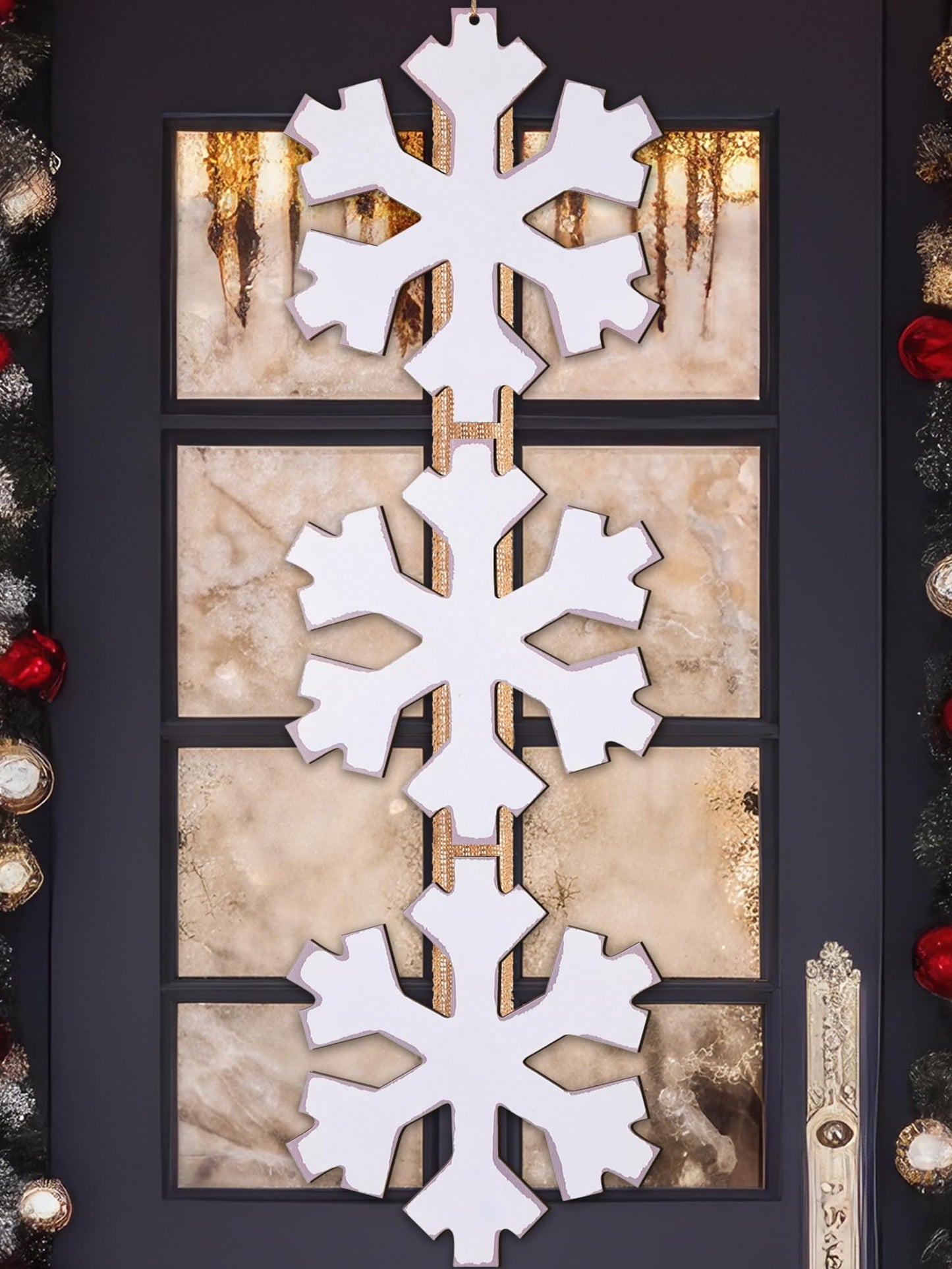 RattanView Winter Snowflake Hanging Door Sign Winter Rustic White Snowflake Wooden Hanging Sign Wreath Plaque Decorations for Front Door Porch Home Decor