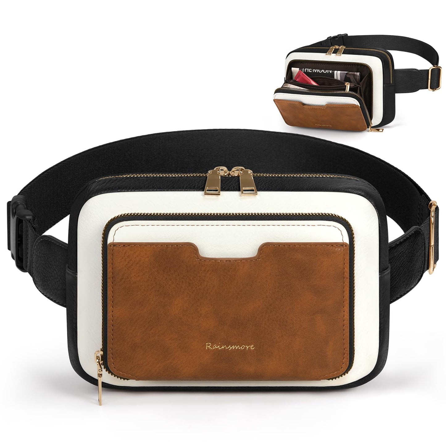 RAINSMORE Fanny Packs for Women, Leather Belt Bag Waterproof Everywhere Crossbody Waist Pack with Adjustable Strap Retro Sling Chest Bag for Work Running Travel Party, Black and Brown with White