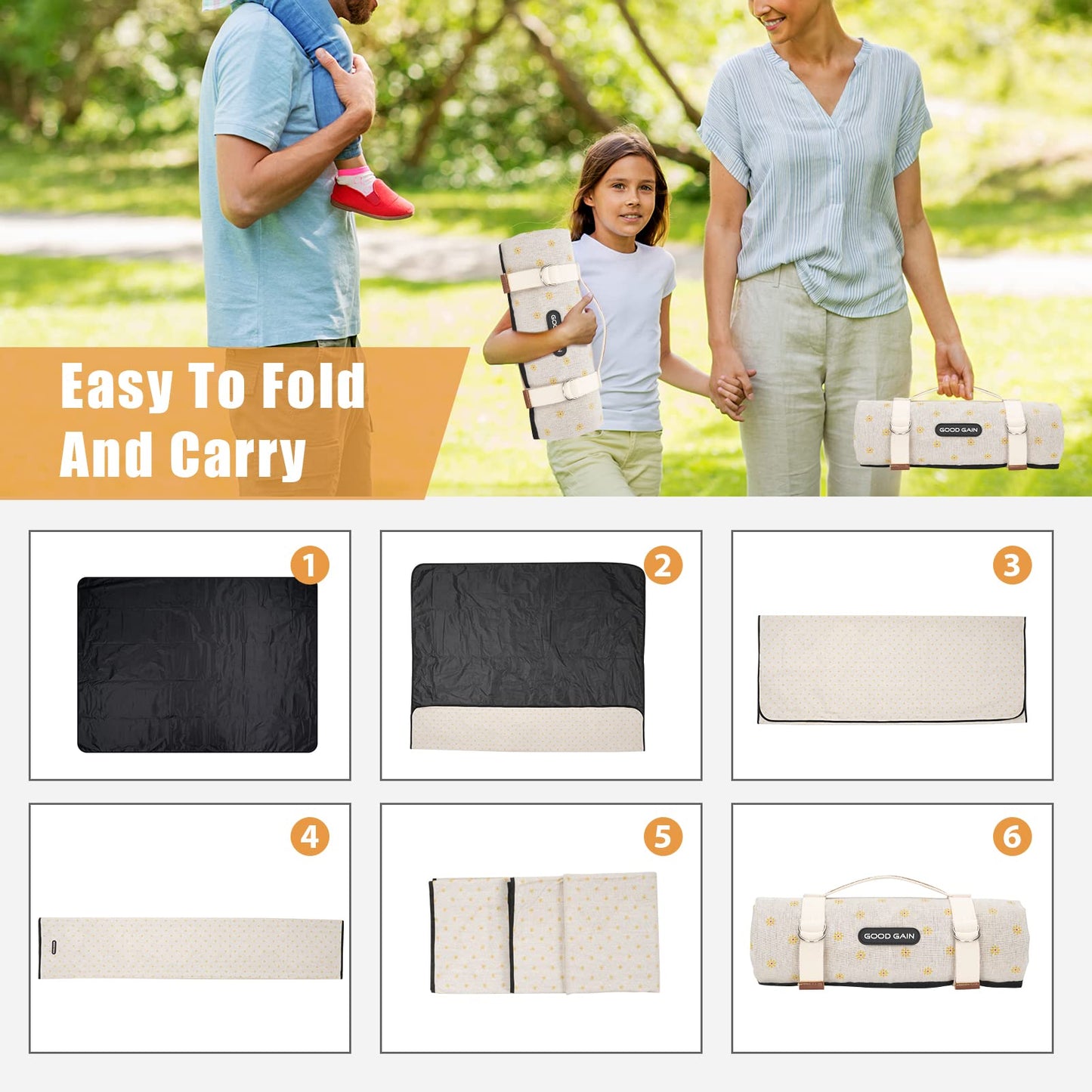 Picnic Outdoor Blankets Waterproof Large - Beach Mat Sand Free Foldable with Carry Strap | Portable Camping Blanket | Park Blanket for Grass Park, Hiking, Travel, Concerts, Indoor (Yellow Flower)