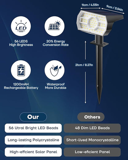 Kaxiida Solar Lights Outdoor Waterproof IP68, 3 Lighting Models Solar Powered Spot Lights Outdoor, 56LED Light Dusk to Dawn for Yard Patio Garden Pathway Landscape Lighting