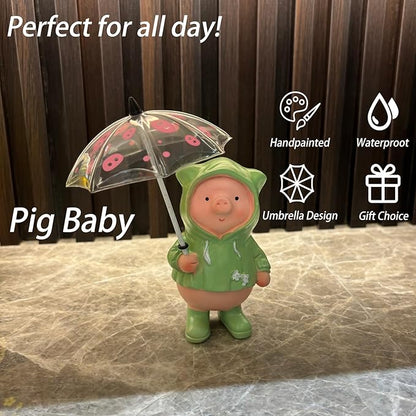 Pig Statue with Umbrella Garden Decor Hand Painted Resin Home Decor Cute Rain Coat Animal Decoration Sculpture Figurine Gift for Women Kid