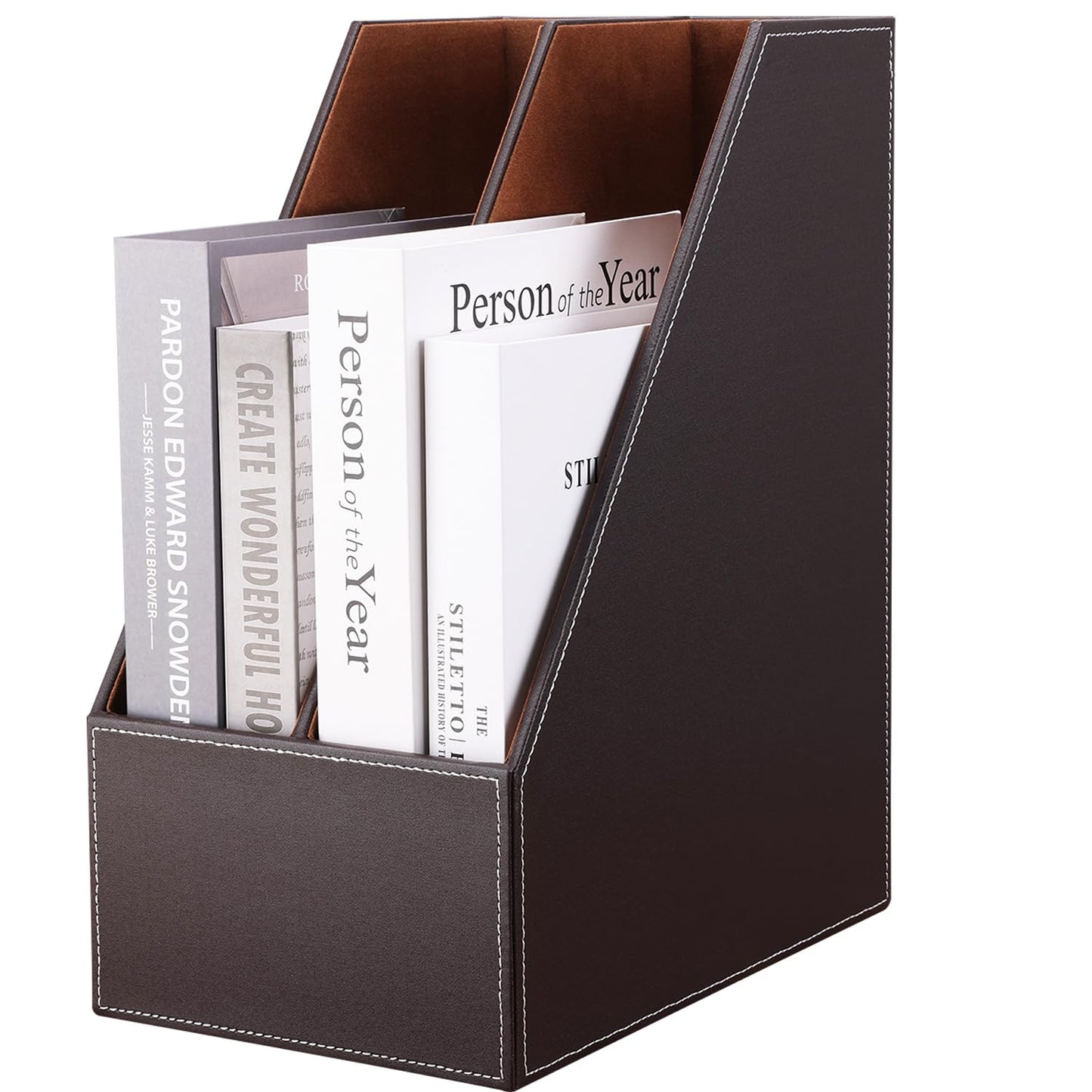 KINGFOM Wooden Leatherette Desktop File Folder Organizer and Document File Stand Journals Magazine Rack 2 Slots (brown)