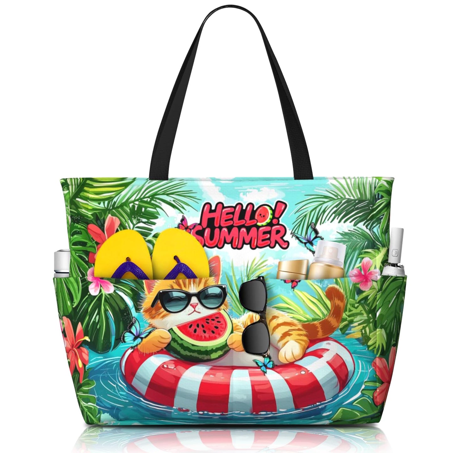 Sylaxfop Extra Large Beach Bag, Waterproof Sandproof Beach Totes Bags With Zipper, Cute Cat Lightweight Foldable Weekender Pool Bags For Women Pool Travel Vacation Gym