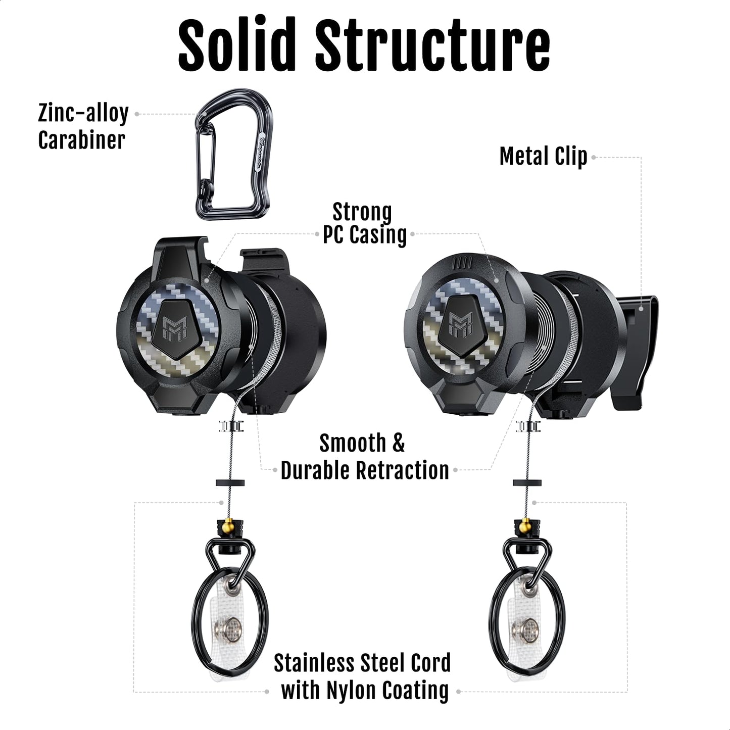 MNGARISTA Upgraded Heavy Duty Retractable Keychain, Belt Clip Ver. & Carabiner Ver., 10 oz Retraction, 31.5" Stainless Steel Cable, 3K Carbon Fiber Tactical ID Badge Reel Key Chain Retractor, 2 Pack